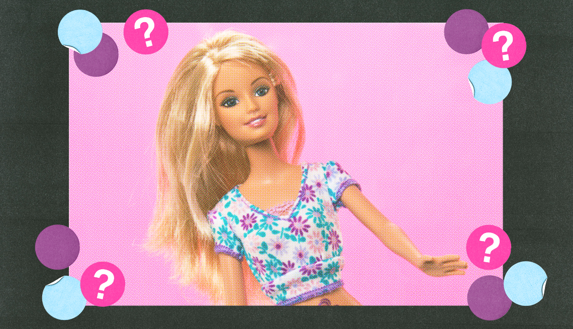 barbie wearing flower shirt on pink background, surrounded by purple, light blue and pink circles with question marks