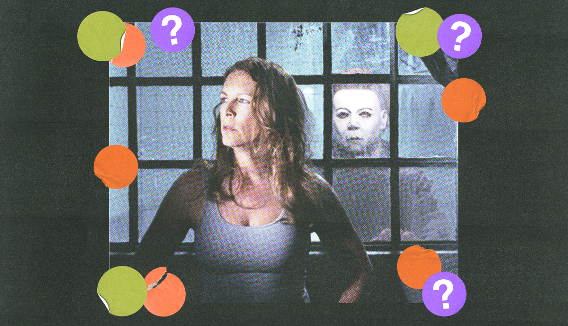 jamie lee curtis standing in front of a window with michael myers looking in; green and orange circles and question marks in purple circles surround the window; black background