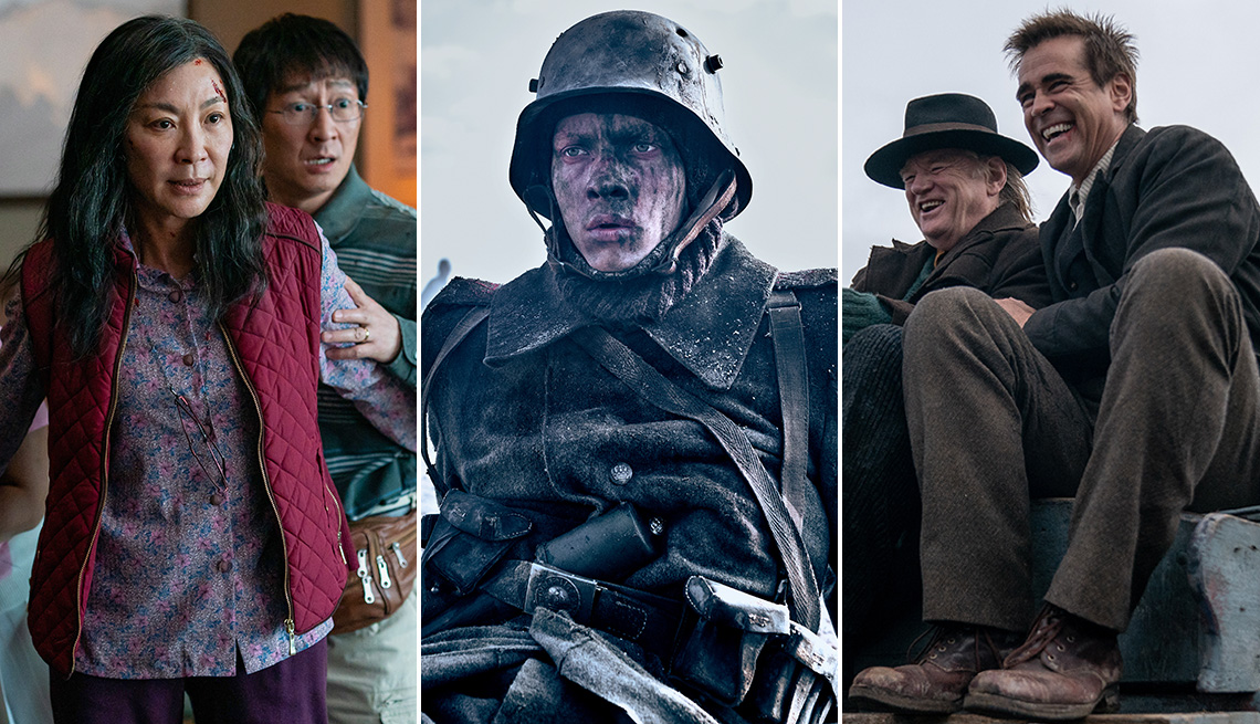 Michelle Yeoh and Ke Huy Quan in a scene from the film Everything Everywhere All At Once; Felix Kammerer in All Quiet on the Western Front; Brendan Gleeson and Colin Farrell smiling together in The Banshees of Inisherin