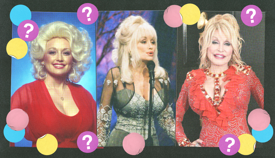 three side-by-side photos of dolly parton; purple, blue, yellow and pink circles with question marks surround them; black background
