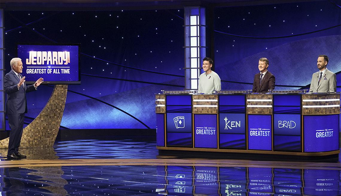 ALEX TREBEK, JAMES HOLZHAUER, KEN JENNINGS, BRAD RUTTER on the set of "JEOPARDY! The Greatest of All Time," premiering TUESDAY, JAN. 7 (8:00-9:00 p.m. EST), on ABC.