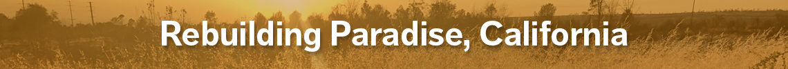 rebuilding paradise california banner with text overlaid on a scene of sun shining on a field