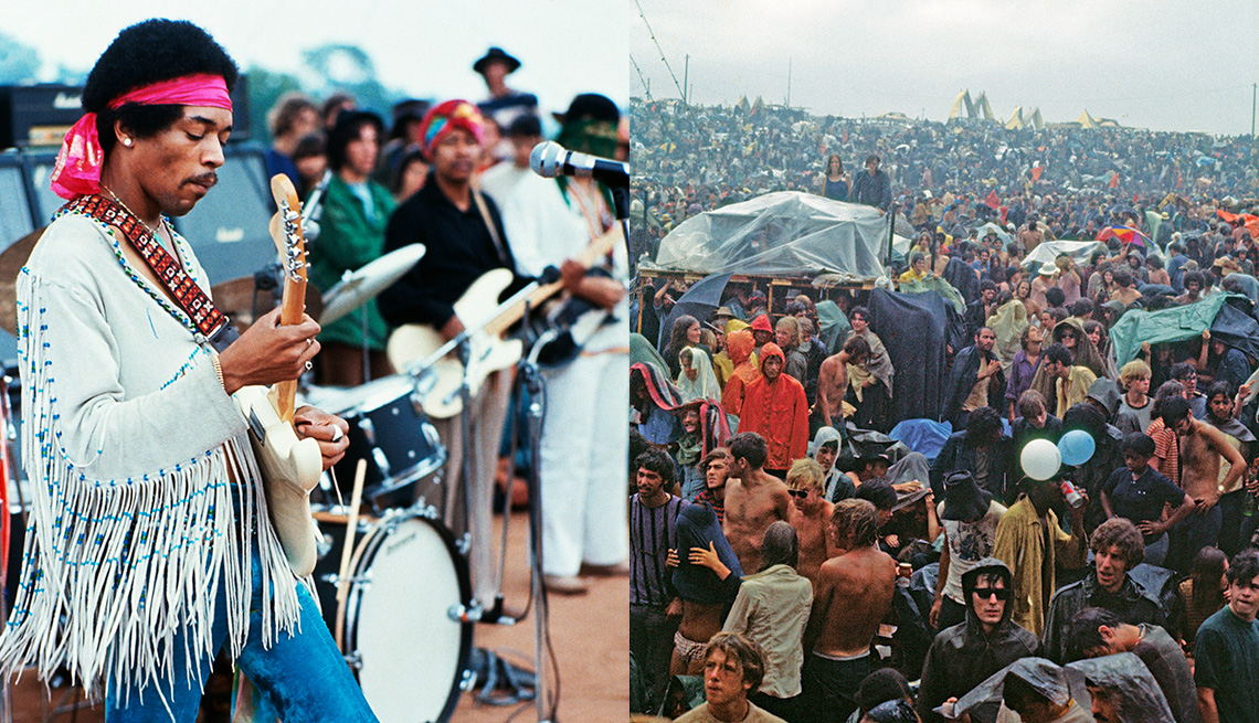 Jimi Hendrix and a crowd at Woodstock standing in the rain