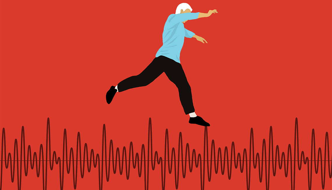 An illustration of a man leaping along sound waves