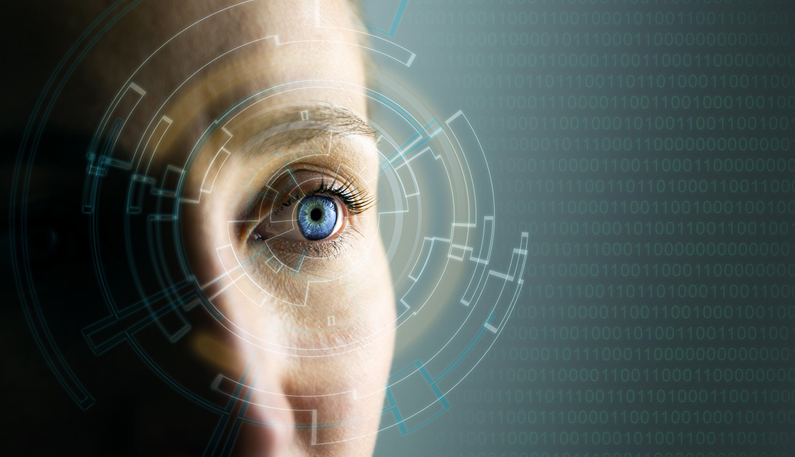 close up of a woman's eye with a futuristic scan graphic overtop
