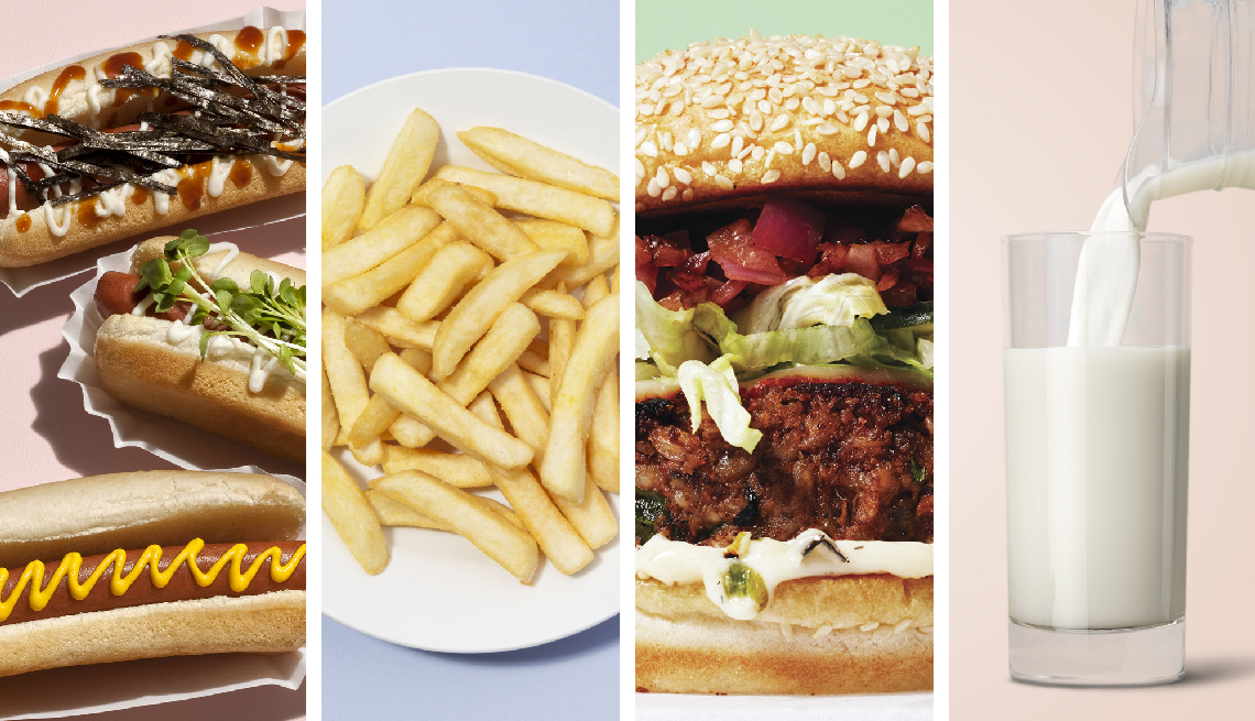 composite of hot dogs, fries, hamburger, and milk