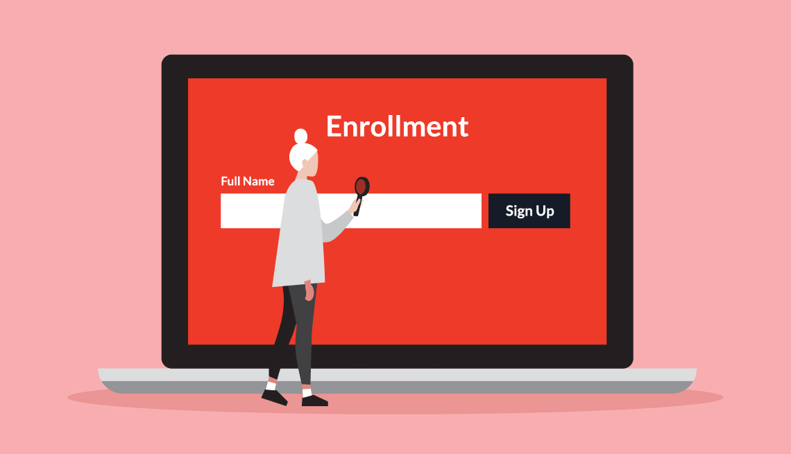 illustration of a woman in front of a large computer screen that says enrollment on it
