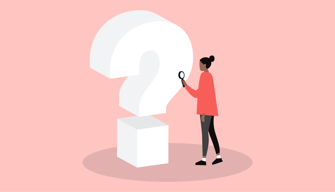 illustration of a woman holding a magnifying glass standing next to a large question mark