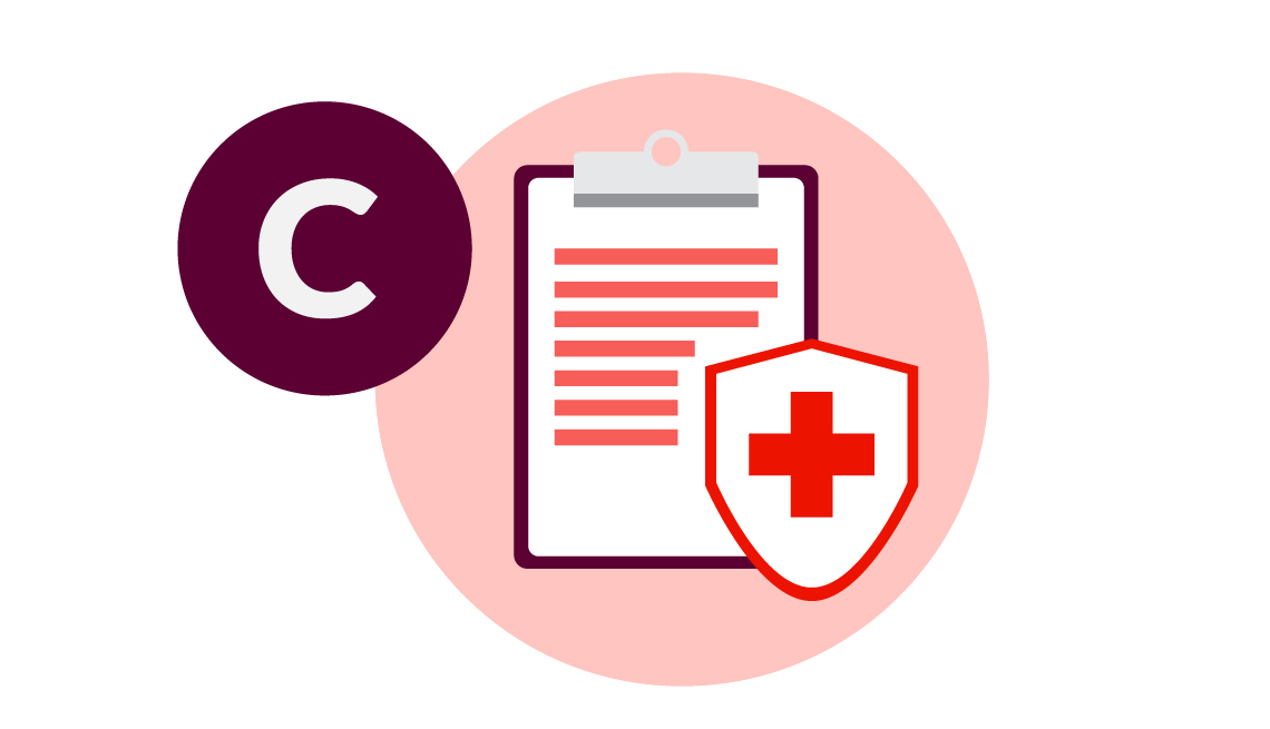 illustration of a clip board next to a medical cross next to the letter C