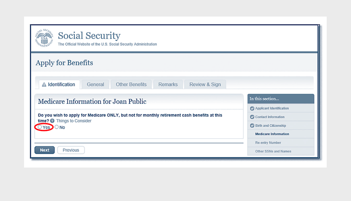 screenshot of the social security administrations medicare application website page asking if you wish to apply for medicare only but not for monthly retirement cash benefits. The answer yes is circled in red