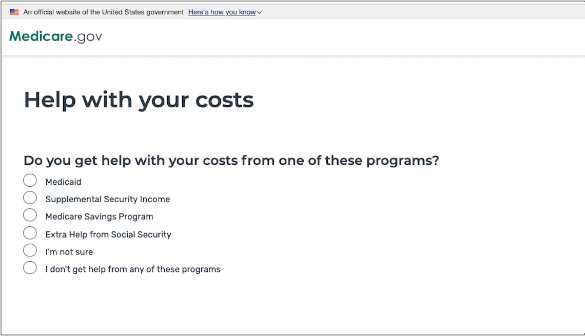 screenshot of medicare dot gov website with the question do you get help with your costs from one of these programs on the screen