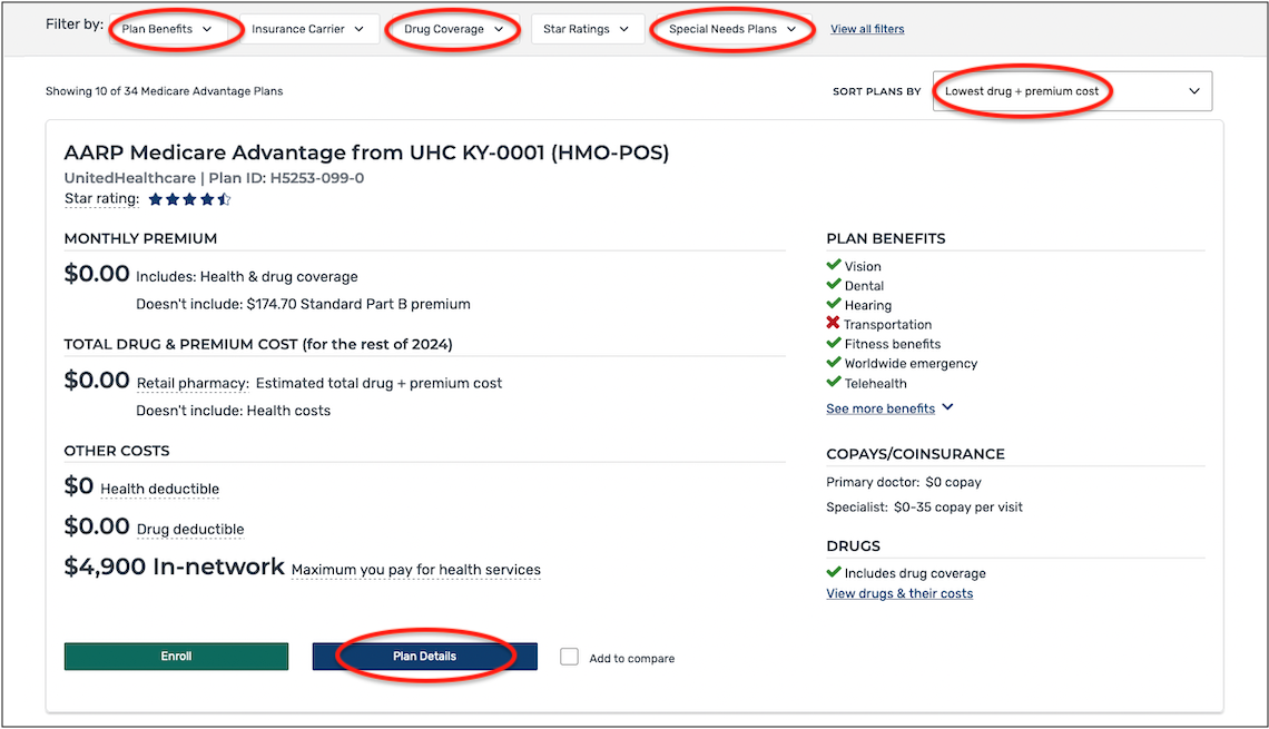 screenshot of a medicare advantage plan estimate with the fields for plan benefits, drug coverage, special needs plans and sort plans by circled in red