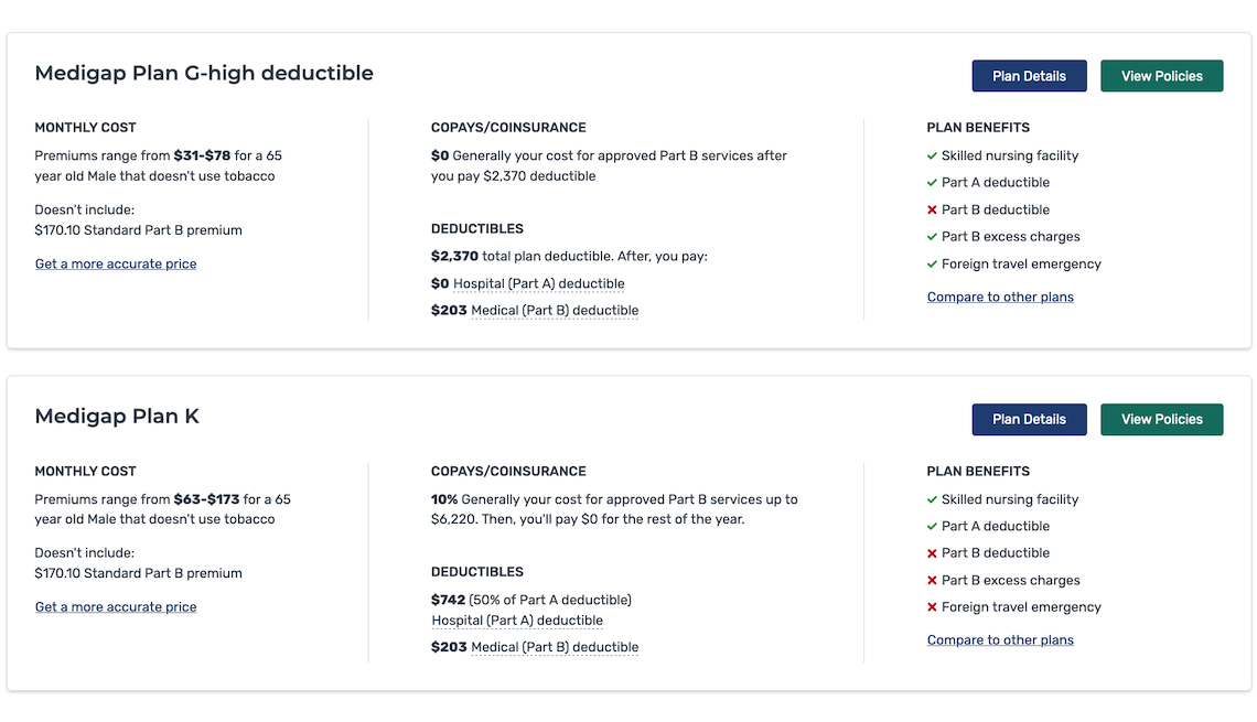 screenshot of the medicare plan finder website showing an example of a list of two medigap plans available along with their estimated monthly costs, deductibles and plan benefits