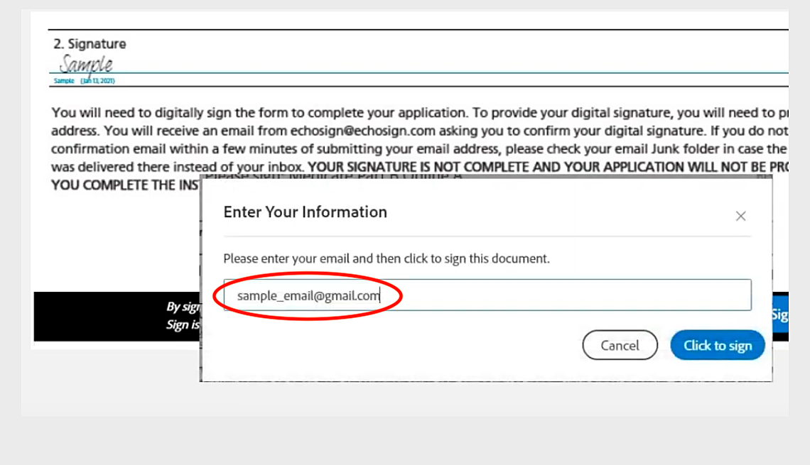 a screenshot of where to enter your email to sign the medicare part b online form