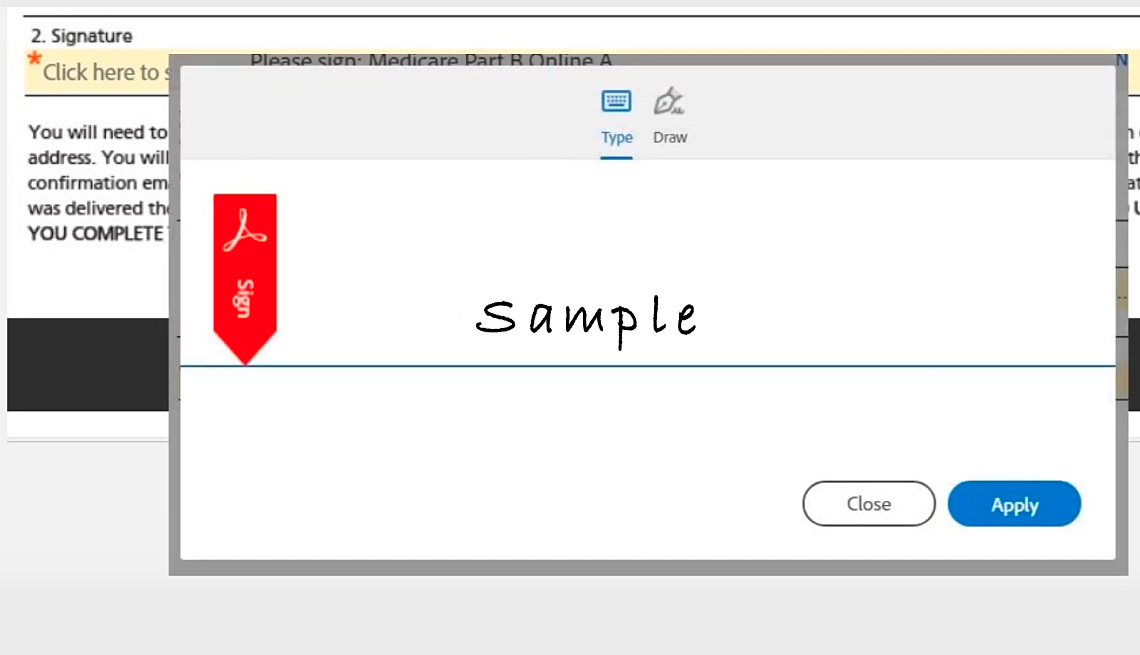 screenshot of where you electronically sign your name on the Medicare part B online form