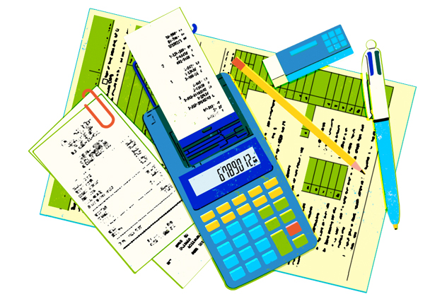 Ilustración que muestra recibos, una planilla, una calculadora, un lápiz y un bolígrafo