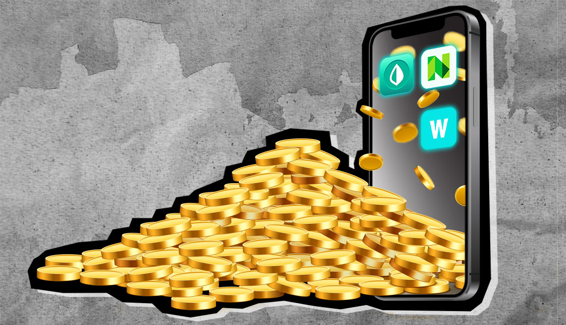 una pila de monedas doradas saliendo de un teléfono inteligente sobre un fondo gris y negro