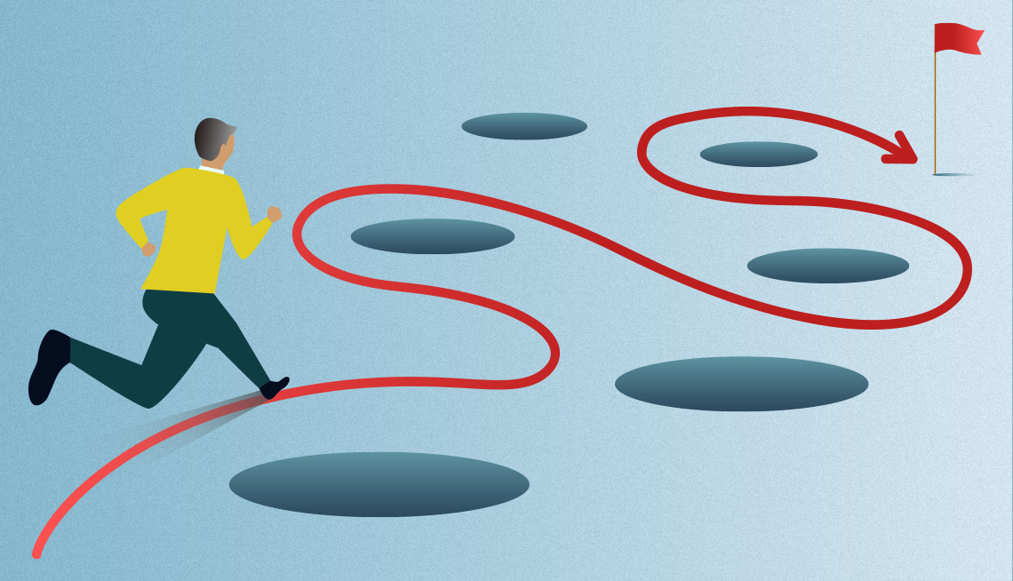 man running towards a goal through a field of obstacles