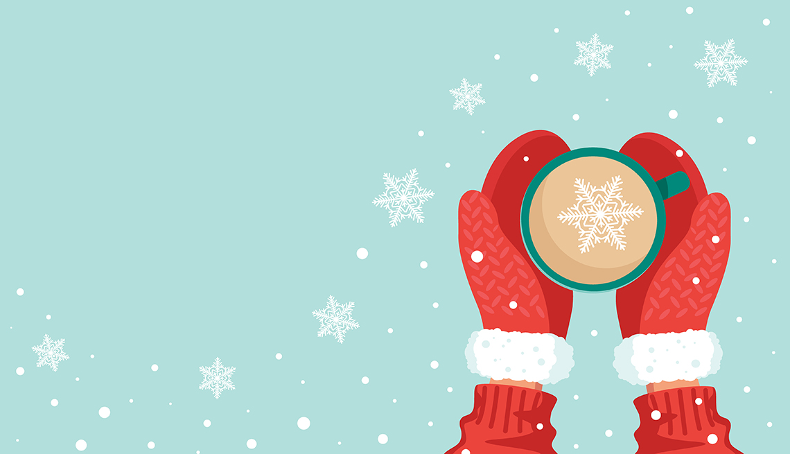 Ilustración de unas manos con guantes agarran una taza de chocolate caliente.