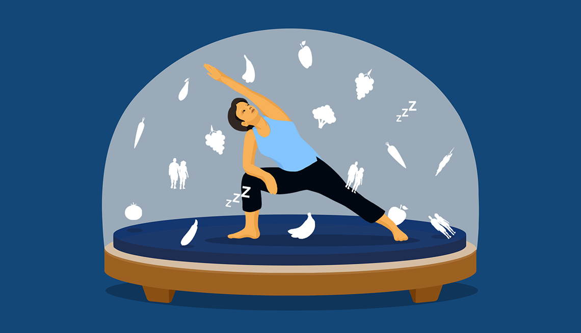 Ilustración de una mujer haciendo estiramiento dentro de un globo de nieve