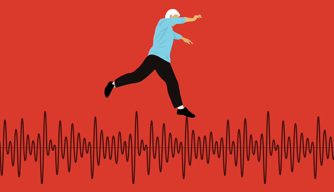 An illustration of a man leaping along sound waves