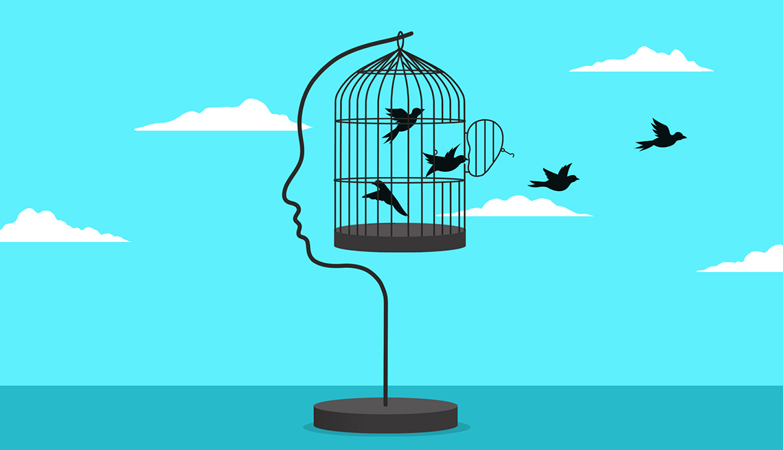 Ilustración de pájaros volando fuera de una jaula