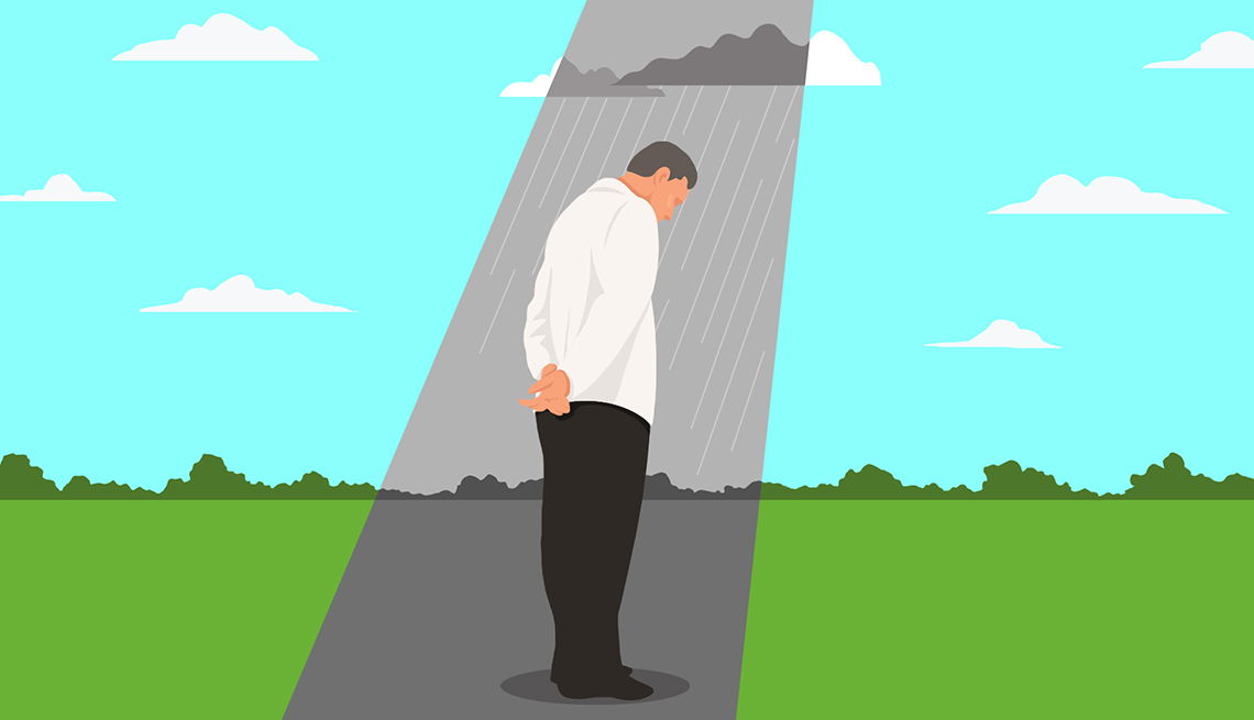 Ilustración de un hombre bajo una nube oscura y lluvia en un día soleado