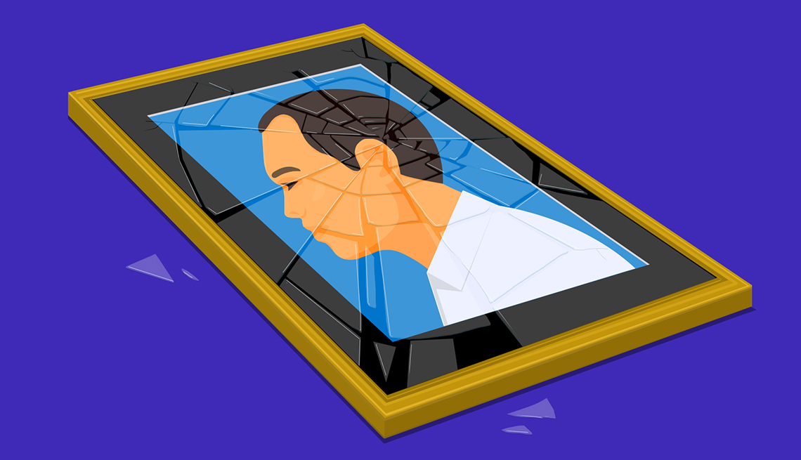 Ilustración de un retrato de un hombre con un marco de vidrio roto