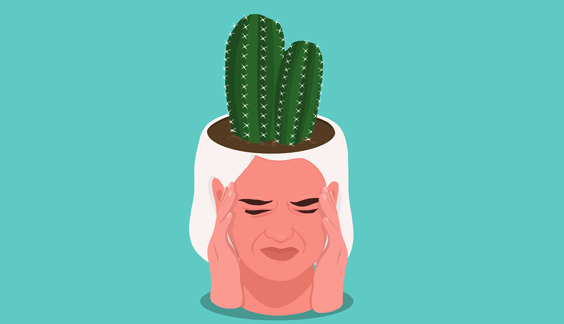 Ilustración de una mujer con las manos en las sienes y un cactus saliendo de su cabeza