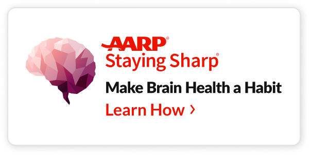 An illustration of a brain with the text "AARP Staying Sharp," "Make Brain Health a Habit" and "Learn How"