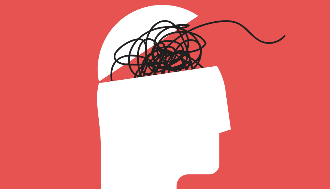 Ilustración de la cabeza humana con líneas desordenadas de pensamientos saliendo