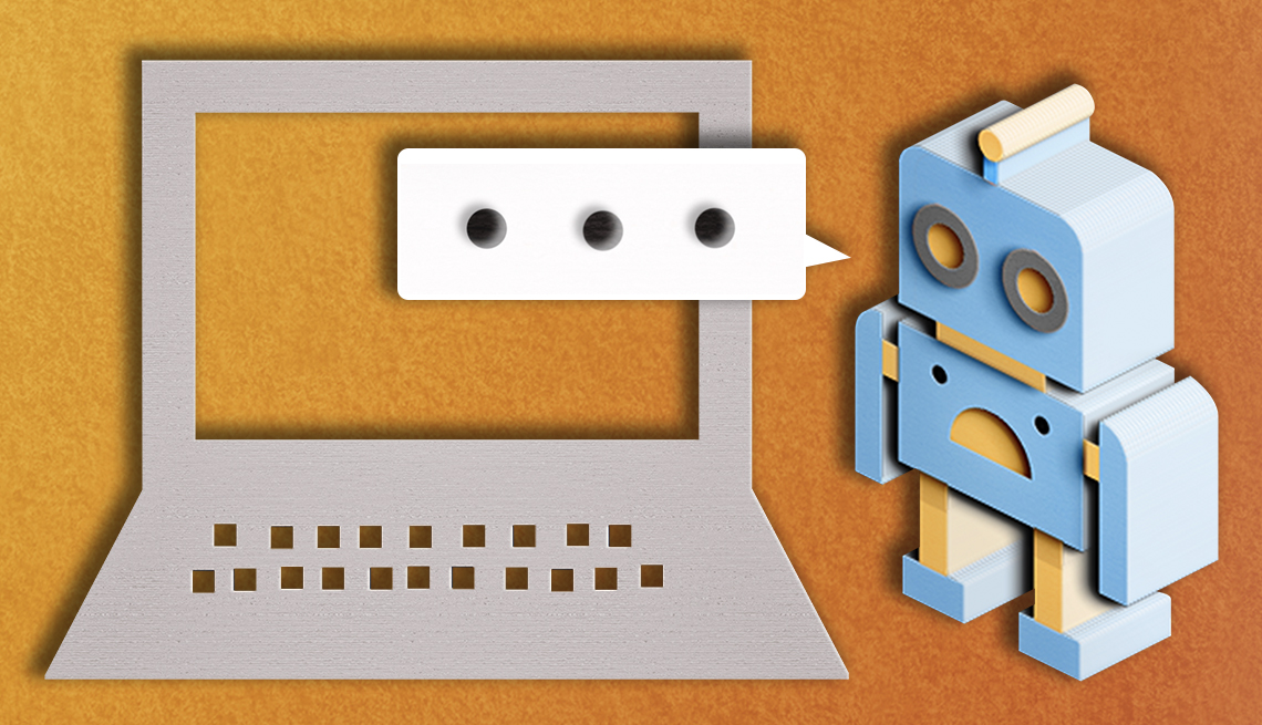 Robot con una burbuja de chat frente a una computadora portátil